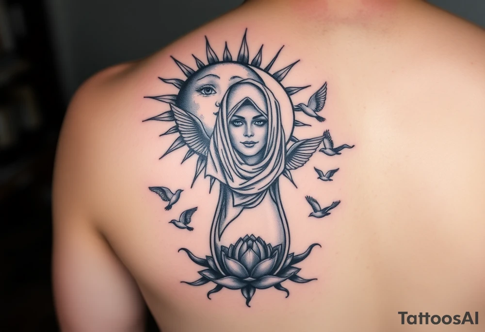 sun and moon embrace with lotus flower in a hour glass that breaks into flying birds and a clock in background with an arab woman with scarf over her face tattoo idea