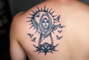 sun and moon embrace with lotus flower in a hour glass that breaks into flying birds and a clock in background with an arab woman with scarf over her face tattoo idea