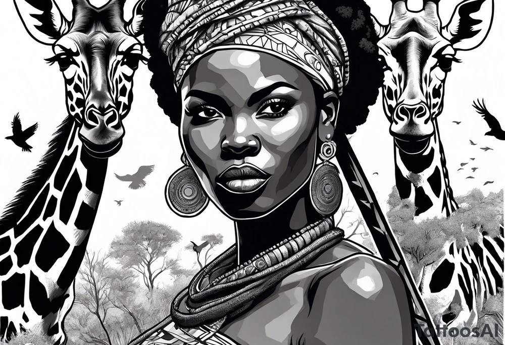 African woman warrior holding a spear with a mean look on her face with birds in the background and giraffe tattoo idea