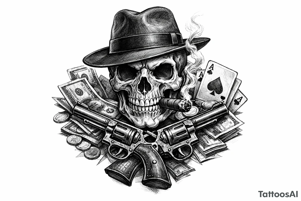 A black and grey skull with a fedora, cigar, and crossed revolvers, with scattered money and cards. tattoo idea