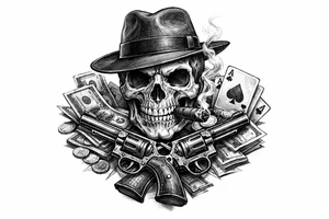 A black and grey skull with a fedora, cigar, and crossed revolvers, with scattered money and cards. tattoo idea