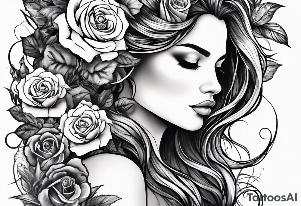 Realistic Mother Nature face side profile with roses in her hair and nature around her black and white tattoo idea