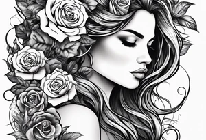 Realistic Mother Nature face side profile with roses in her hair and nature around her black and white tattoo idea