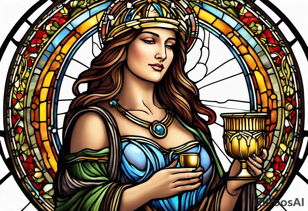 holy saint woman with halo stained glass holding a chalice with artillery tattoo idea