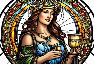 holy saint woman with halo stained glass holding a chalice with artillery tattoo idea
