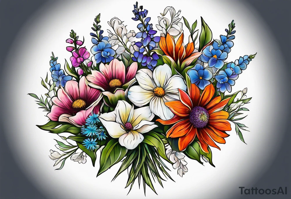 mixed wildflower bouquet detailed with color tattoo idea