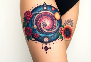 Milky way galaxy .. planets with zodiac symbols and protection runes with red roses and sunflowers tattoo idea