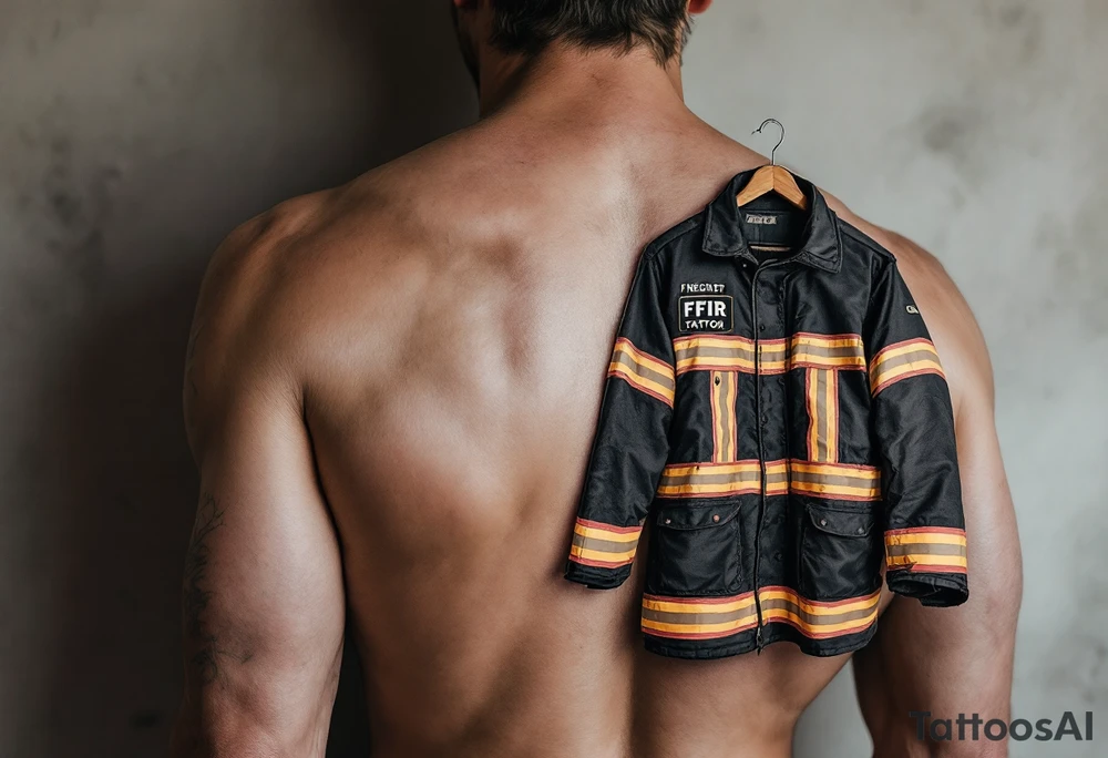 A firefighter’s turnout gear hanging on a wall, with realistic fabric textures in dark navy, contrasted by bright reflective stripes. tattoo idea