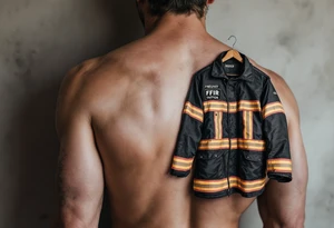 A firefighter’s turnout gear hanging on a wall, with realistic fabric textures in dark navy, contrasted by bright reflective stripes. tattoo idea