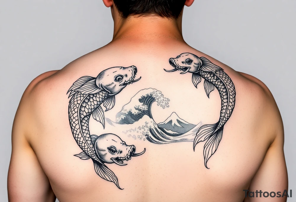 Koi fish and elephants with a wave design and underwater mountains tattoo idea