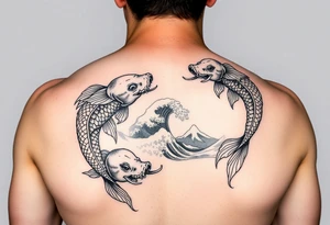Koi fish and elephants with a wave design and underwater mountains tattoo idea