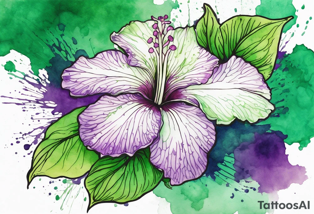 An outline of a green rio dipladenia flower and a green and purple watercolor splash in the background tattoo idea