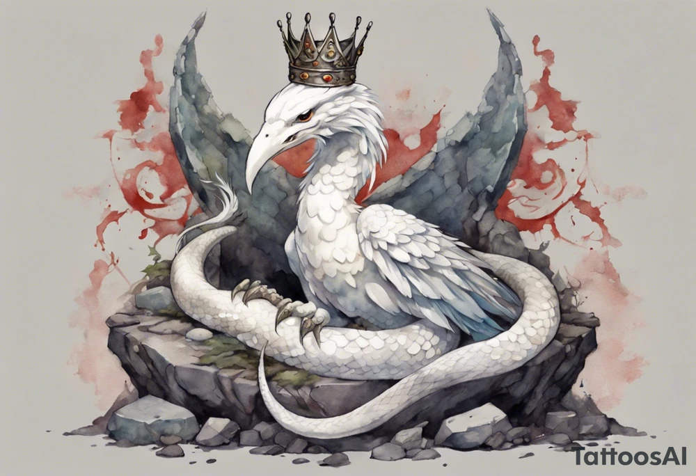a white bird-serpent hybrid, wearing a pewter crown on its head, resting on a stone throne tattoo idea