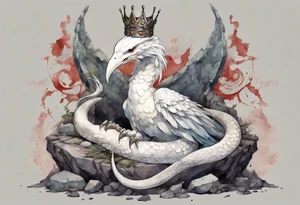 a white bird-serpent hybrid, wearing a pewter crown on its head, resting on a stone throne tattoo idea