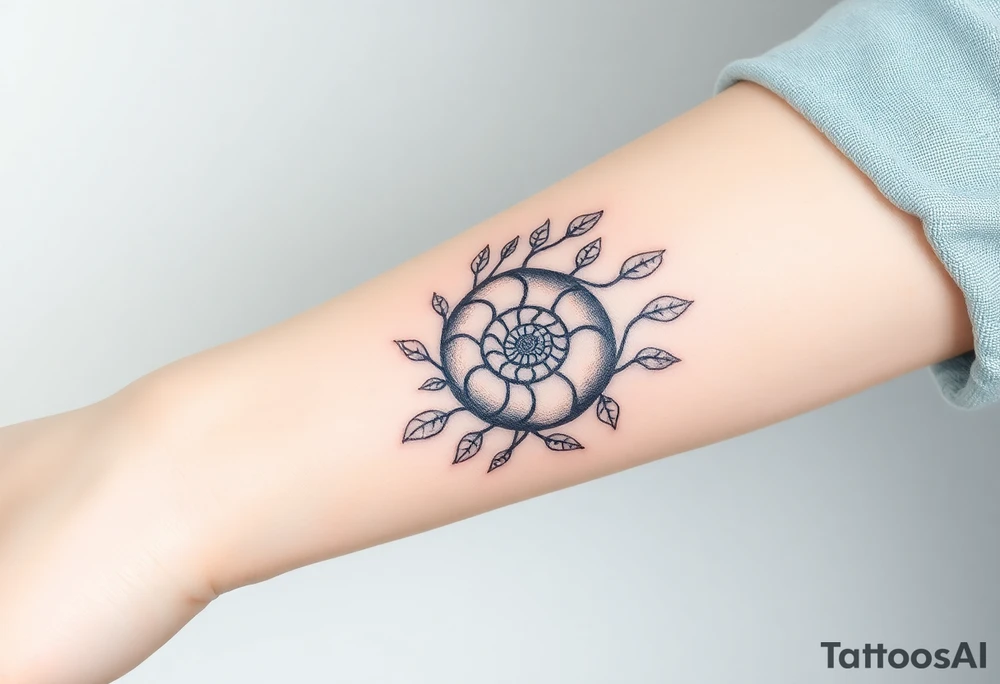 Fibonacci spiral shell inside of tree of leaves tattoo idea