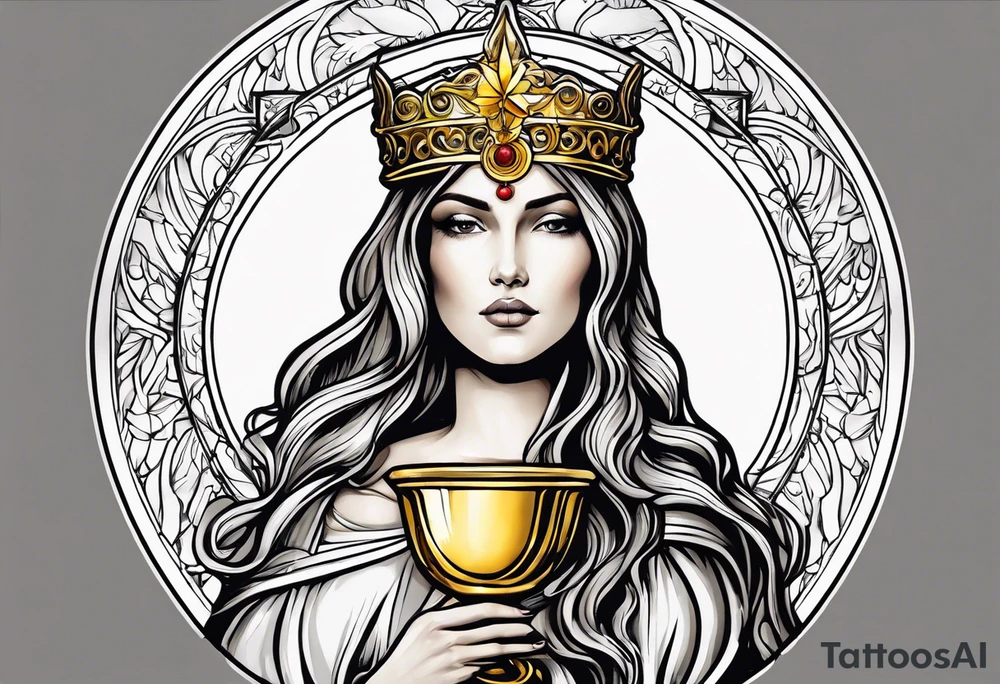 holy saint woman turned away with golden halo holding a chalice tattoo idea