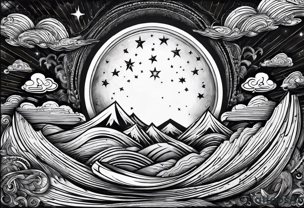 Small fire with sun rays on top over a half moon tattoo idea