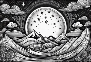 Small fire with sun rays on top over a half moon tattoo idea