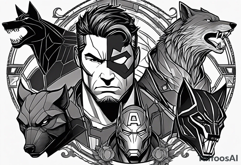 I want to change Avengers Team characters with animals. Hulk will be Badger, Thor will be Alpha Grey Wolf, Captain America will be Bull, Iron Man will be Canary, Black Widow will be Axolotl, Hawk Eye will be Sudan Plated Lizard and Nick Fury will be Cat. tattoo idea