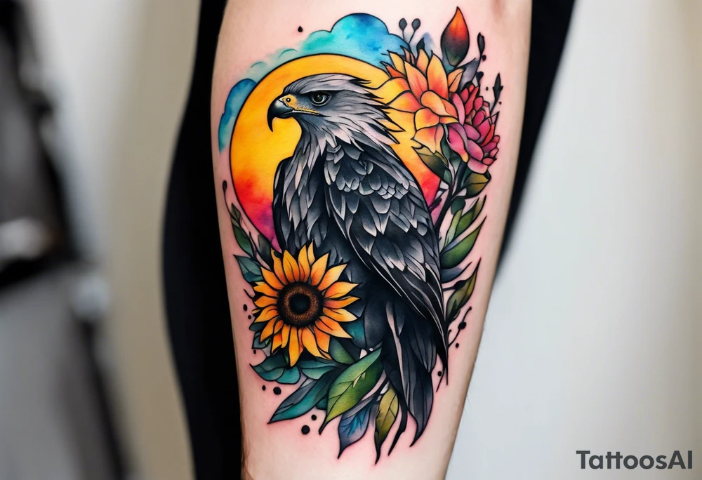 Small Watercolor inside arm tattoo, 4 inches. Black kite (Daya's name), nature (trees/flowers), rock/metal vibe (bold lines), sunflower. Bright colors! tattoo idea