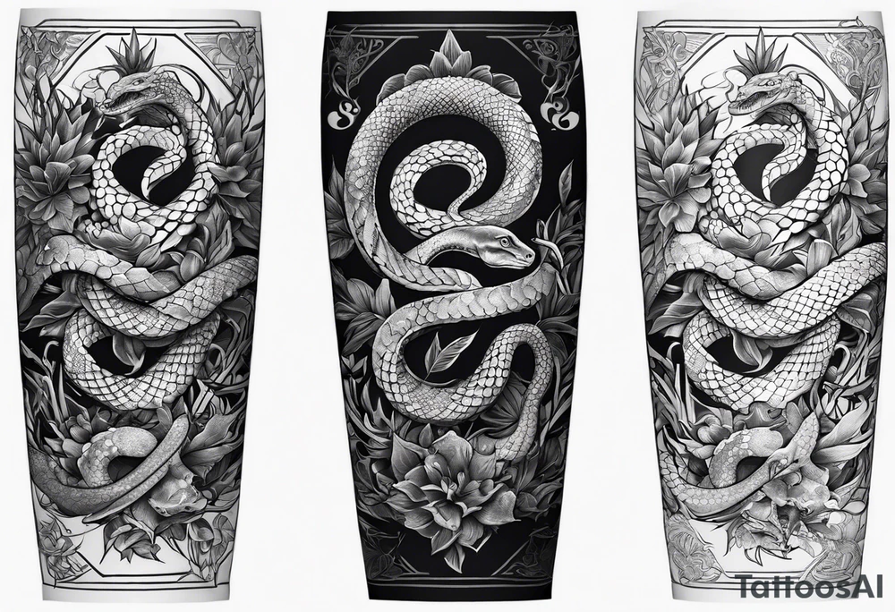 arm sleeve tattoo with a snake, gun, weed symbol that says HYDRA tattoo idea