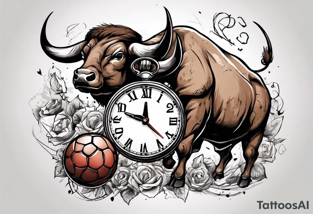Une horloge avec le numéro 23 dedans , avec un taureau et un ballon de foot tattoo idea