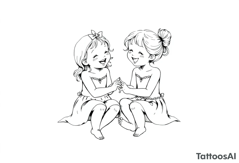 Zwei lachende kleine mädchen sitzen sich gegenüber eine hat einen Dutt die andere einen Zopf und sie berühren sich an den Fußsohlen tattoo idea