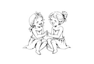 Zwei lachende kleine mädchen sitzen sich gegenüber eine hat einen Dutt die andere einen Zopf und sie berühren sich an den Fußsohlen tattoo idea