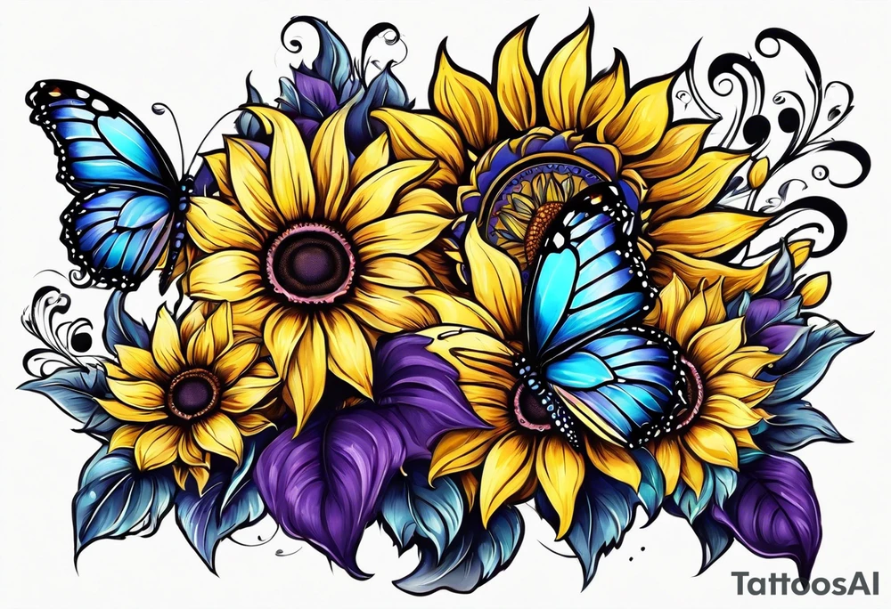 Purple, yellow and blue sunflowers with a butterfly arm.sleeve tattoo idea