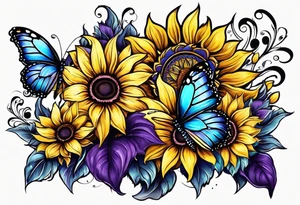 Purple, yellow and blue sunflowers with a butterfly arm.sleeve tattoo idea