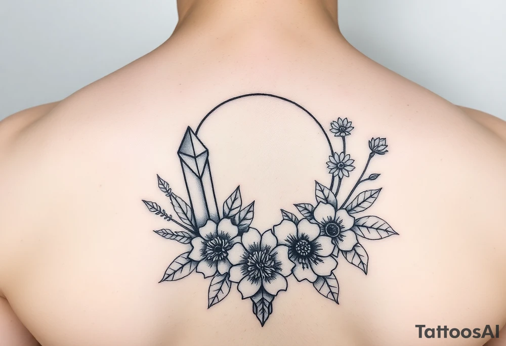 crystals and half
 moon and flowers tattoo idea