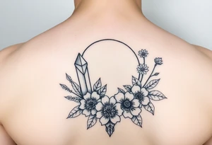 crystals and half
 moon and flowers tattoo idea