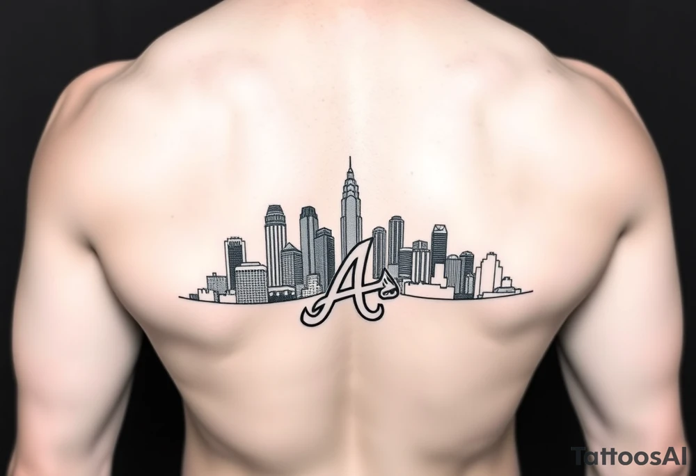 Atlanta skyline with Braves logo leg sleeve tattoo idea