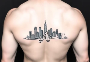Atlanta skyline with Braves logo leg sleeve tattoo idea