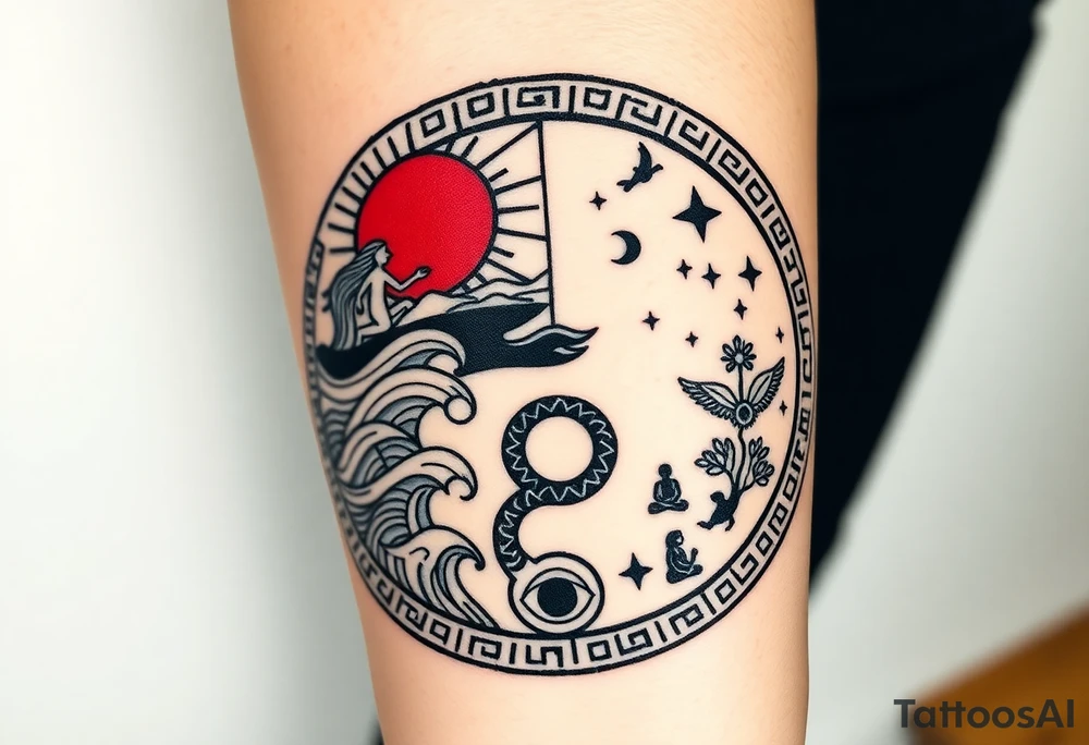 Circular Greek meander tattoo design for forearm, intricate black and red ink, symmetrical composition. Upper half (day): red sun with sharp rays, stylized running human silhouettes, geometric waves, flying birds. Lower half (night): black crescent moon, stars, ouroboros snake eating its tail, meditating figures. Hidden symbolic elements: small all-seeing eye, minimalist Tree of Life woven into the pattern. Stylized as ancient Greek pottery meets sacred geometry, high contrast line art, clean sharp lines, no shading, no background. Perfect tattoo stencil, mystical and balanced tattoo idea