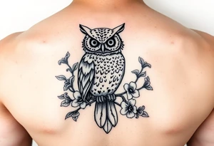 Day of the dead owl sitting on a branch of violets tattoo idea