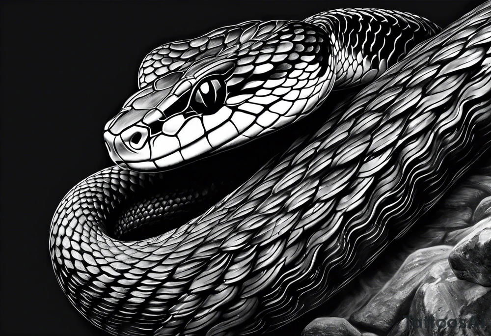 Black and grey realism with a pit viper snake rainforest background for a forearm sleeve. Create the snake to have aggressive features. tattoo idea