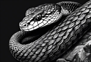 Black and grey realism with a pit viper snake rainforest background for a forearm sleeve. Create the snake to have aggressive features. tattoo idea