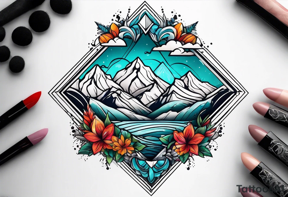 Mountains and ocean waves  crashing diamond shape tattoo idea