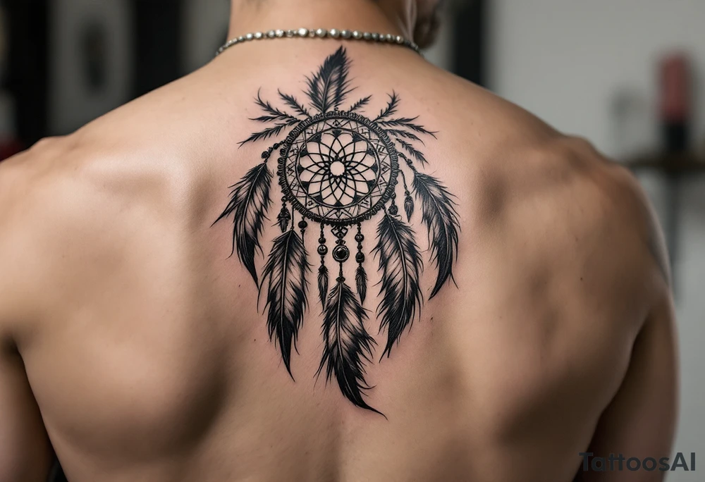 native dreamcatcher with flowing feathers and sacred beads tattoo idea