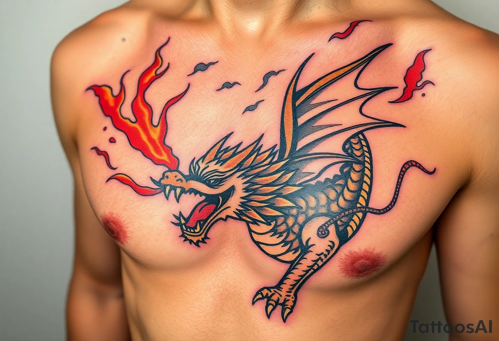 fierce dragon breathing iridescent fire against stormy skies tattoo idea