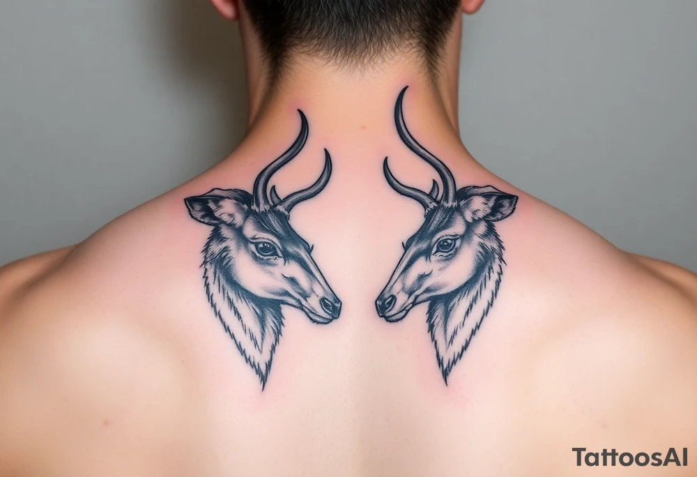 Two full body detailed deer heads down hitting horns to show dominance. tattoo idea