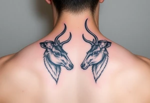 Two full body detailed deer heads down hitting horns to show dominance. tattoo idea