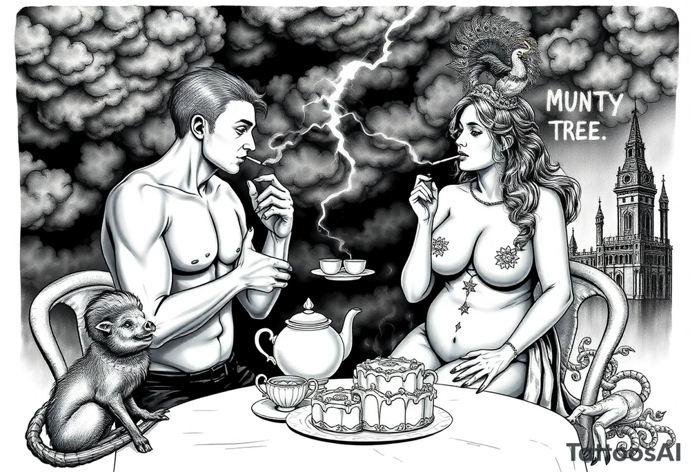 Mystical Naked Man and woman eating cake  having sex Storm lightening clouds gothic sexy naked fat lady having a tea party with tea pot and medieval castle
with a piggy, peacock, noose, lion, goat, smoking cigerettes looking in the mirror thru storm clouds with razor blades and broken hearts and darkness and wrath, envy , gluttony, greed, sloth, pride kill tattoo idea