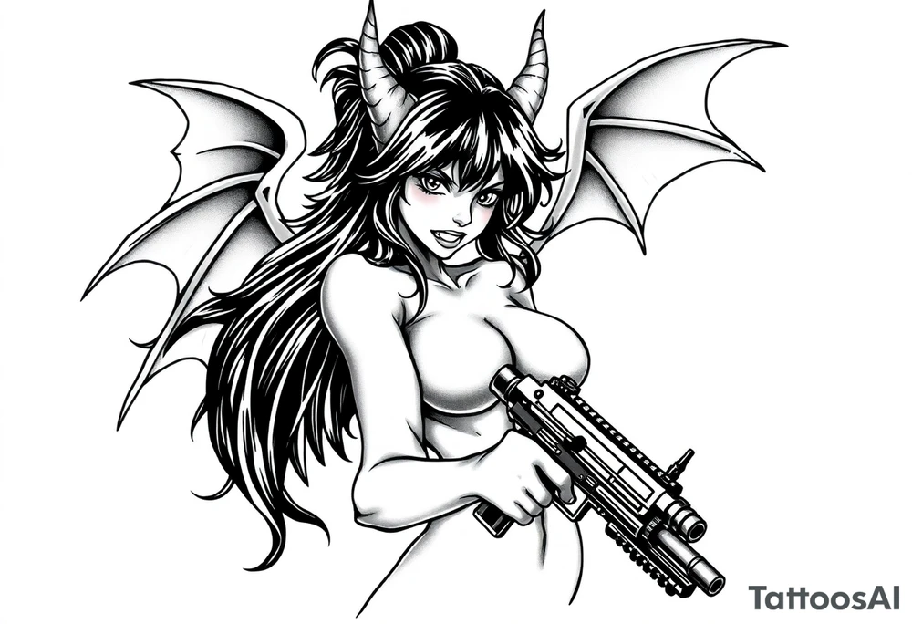angry succubus holding gun, anime tattoo idea