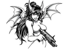 angry succubus holding gun, anime tattoo idea