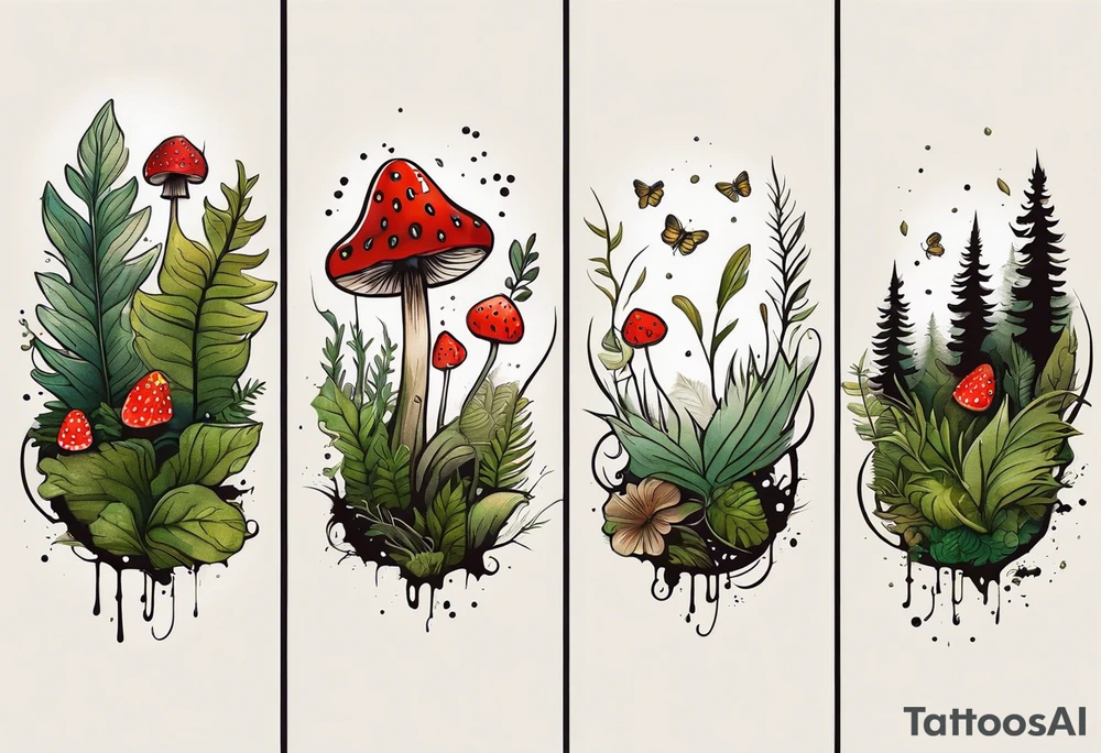 forest floor inspired minimalist tattoo, which includes grass, curly ferns, moss and dead leaves as the bulk of the tattoo. details to include: three very tiny strawberries, a tiny bumblebee flying nearby, three small brown mushrooms
Generate a vertically long one tattoo idea