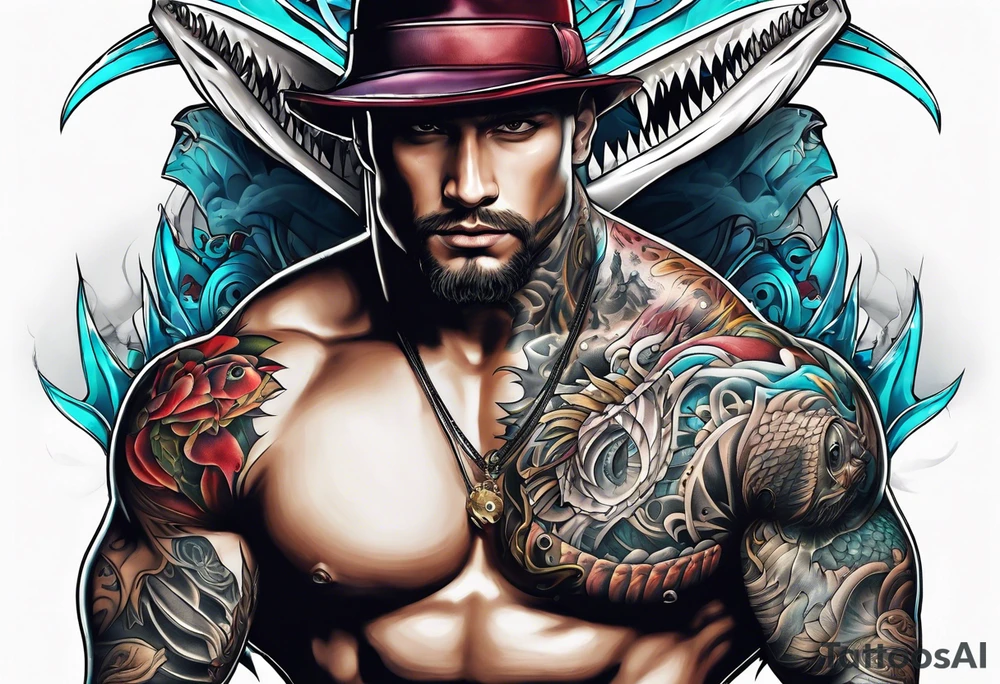 Half shark half man tattoo idea