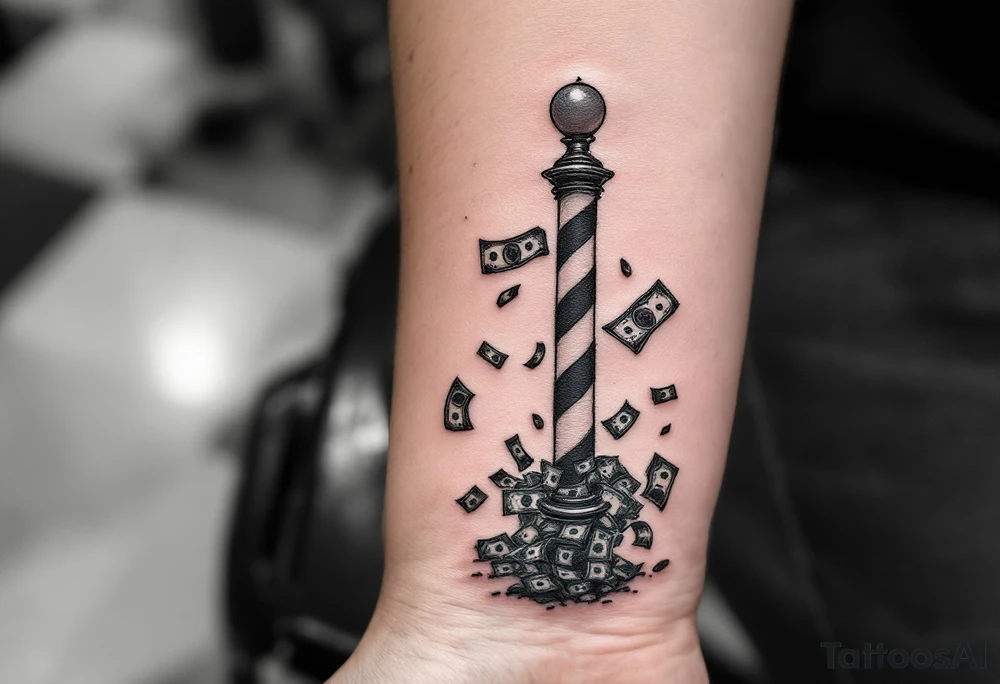 Barber pole with raining money tattoo idea
