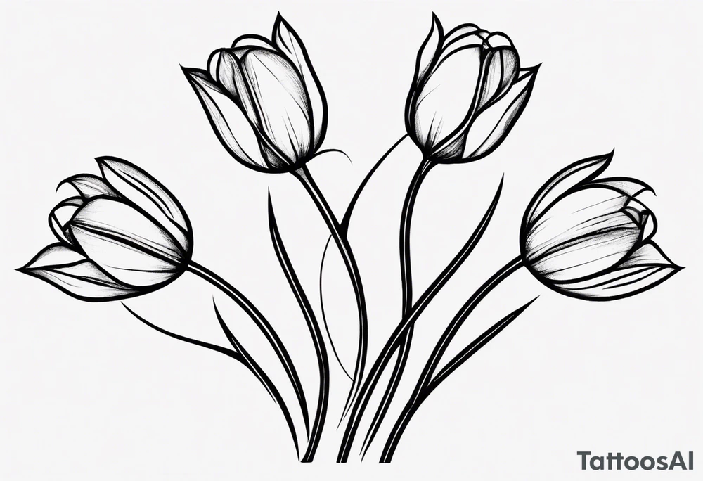 Generate a compelling tattoo design featuring three tulips with intertwining stems. Emphasize the graceful entwining of the stems, creating a harmonious and visually captivating composition. Each tulip should showcase distinct characteristics, from the delicate curves of the petals to the intricate details of the stamen. Consider incorporating elements that symbolize unity, growth, and interconnectedness. Capture the essence of nature's beauty while ensuring the overall design is balanced and aesthetically pleasing. tattoo idea
